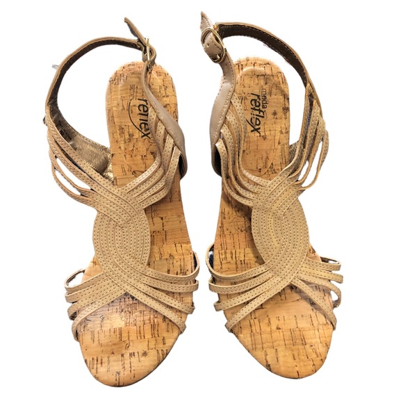 MODA REFLEX TAN TWISTED LEATHER SANDALS WITH CORK HEEL SIZE 8 - Picture 2 of 9